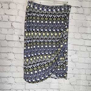 Cato Blue Yellow Geometric Faux Wrap Skirt Y2K Lined Below‎ Knee Pencil Skirt S